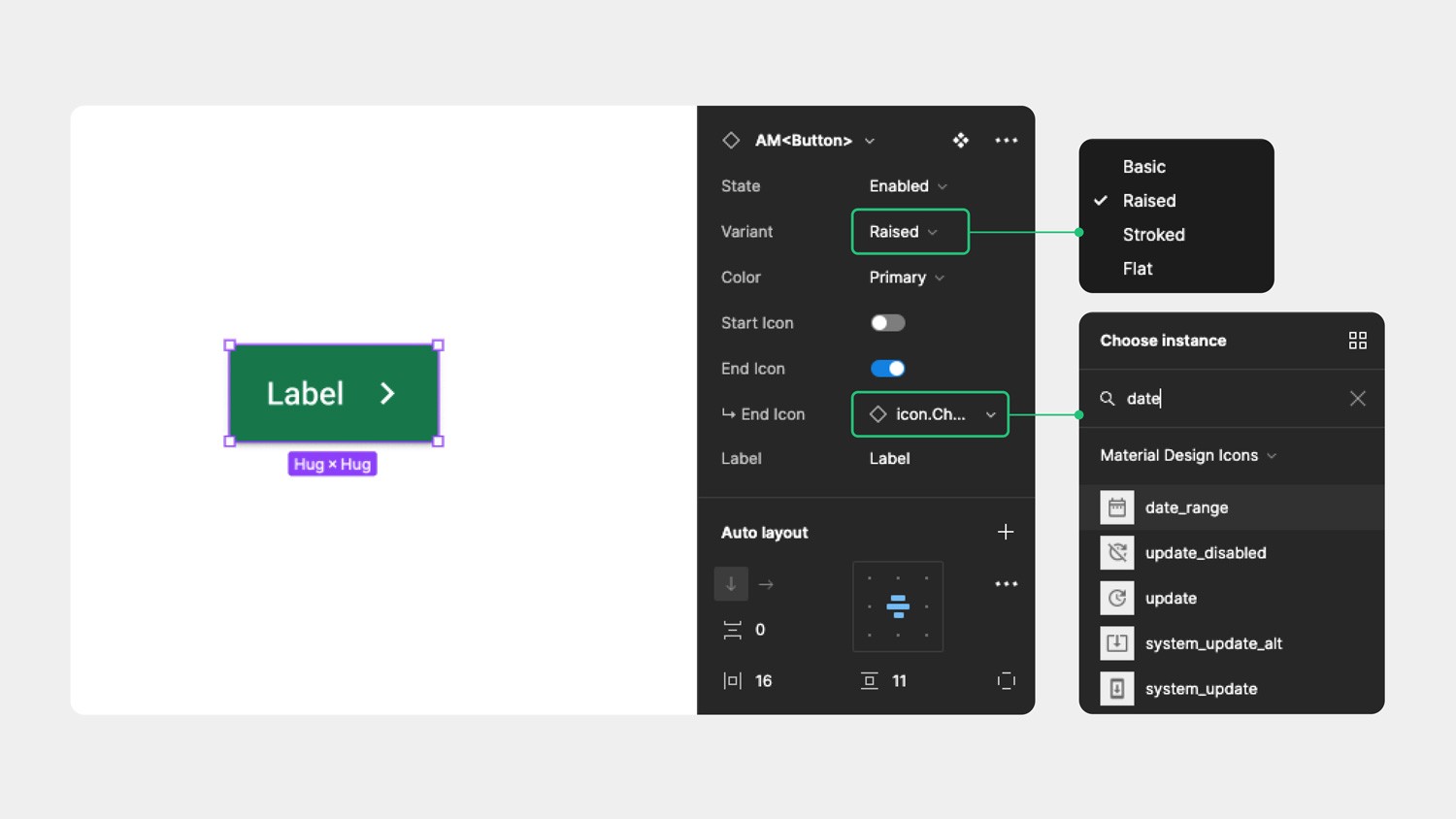 Screenshot of the KWS button component in Figma with the properties