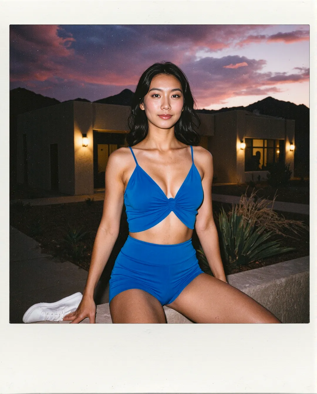 Vibrant blue athletic two-piece set photographed against adobe-style architecture with dramatic purple-pink sunset sky in background