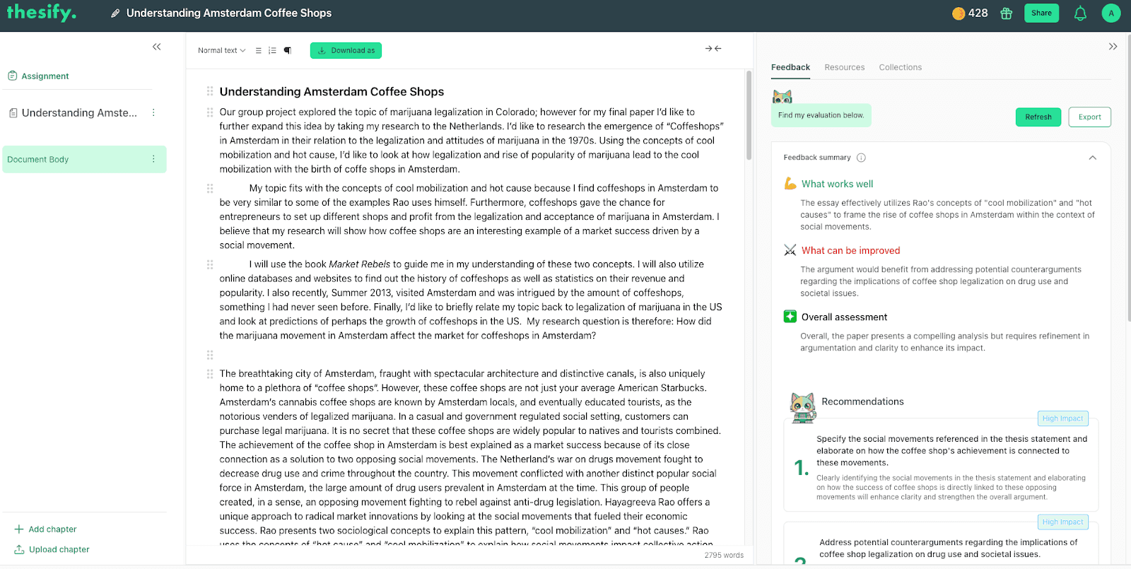 thesify document view of an Amsterdam coffee shops essay with a feedback summary on what works well, what can be improved, and numbered recommendations.