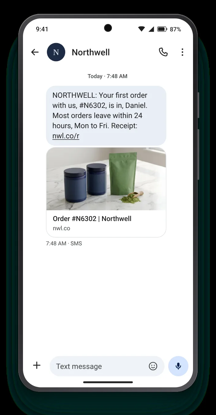 A first-time buyer, told what to expect order confirmation text on an Android phone