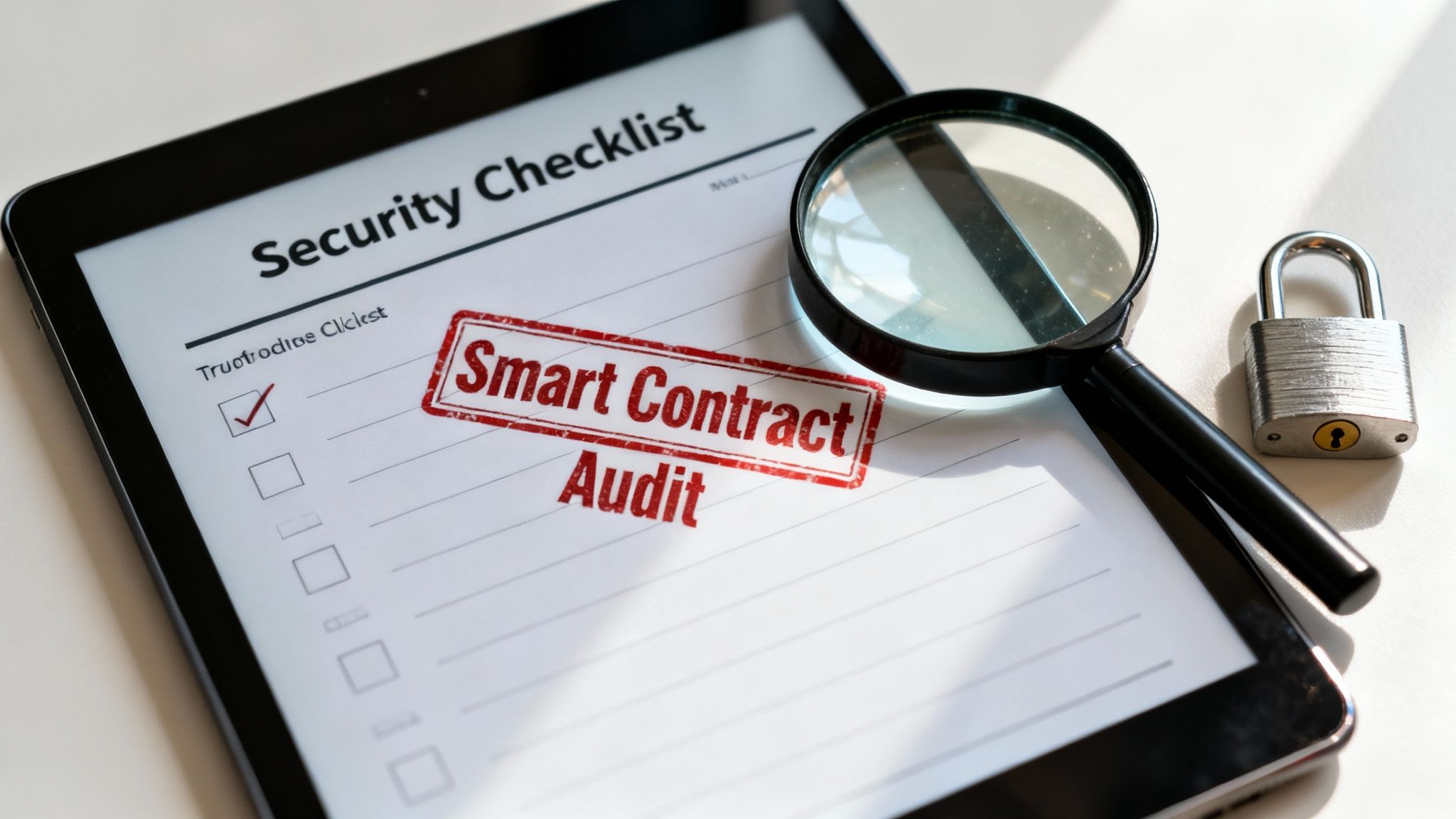 A tablet with a 'Security Checklist' and 'Smart Contract Audit' stamp, alongside a magnifying glass and padlock, symbolizing digital security.