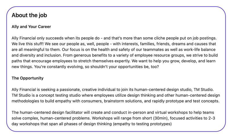 Ally Financial design thinking facilitator job posting for in-person and virtual workshops