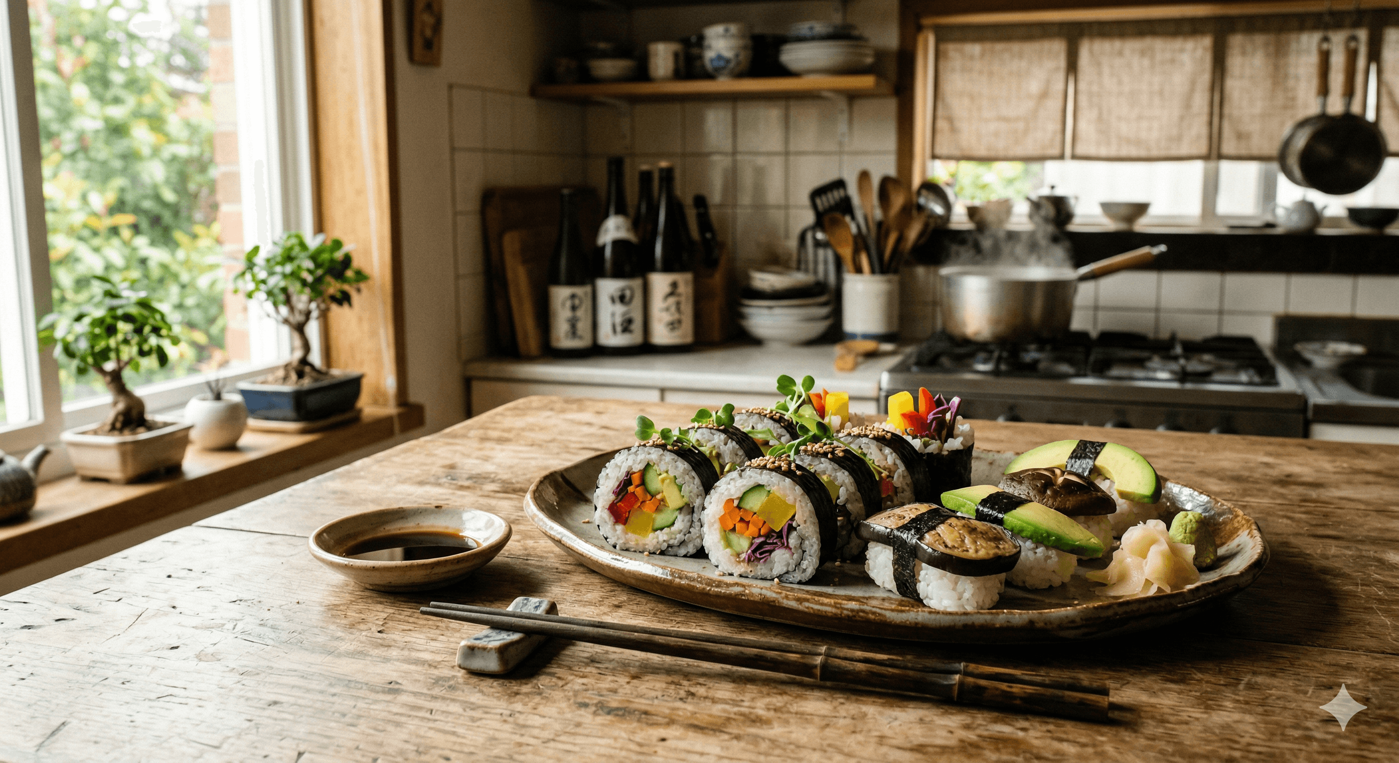 Veggie sushi on a naturally lit Japanese table with chop sticks