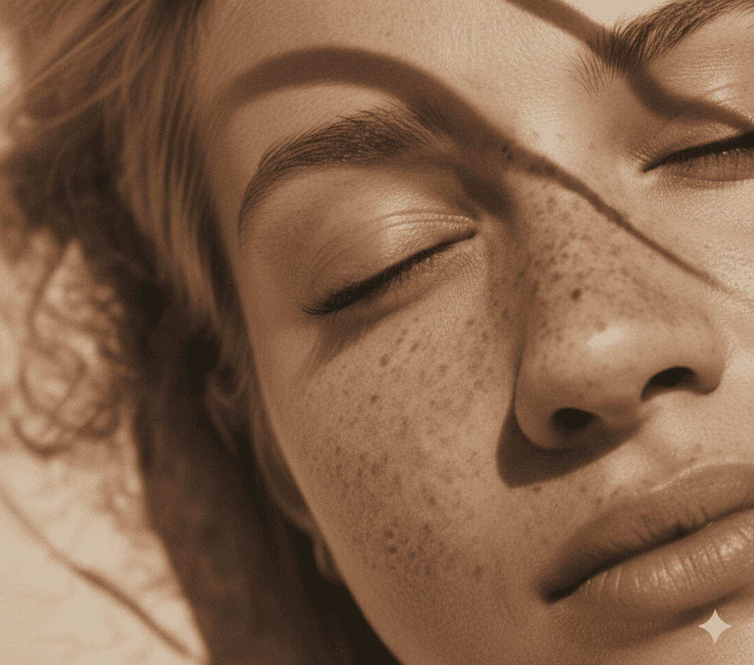 Portrait of a freckled woman with closed eyes in sunlight