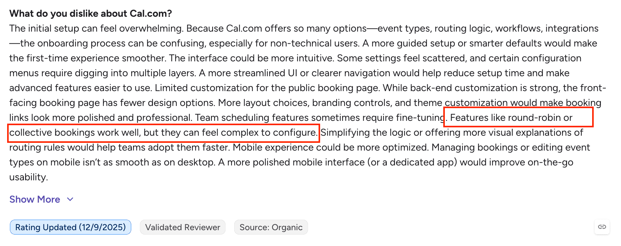 G2 review mentioning Cal.com Round Robin scheduling difficulties
