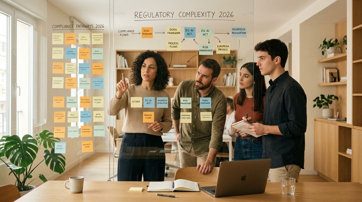 Profesionales analizando flujos de cumplimiento y complejidad regulatoria 2026 en una pizarra de vidrio con post-its.