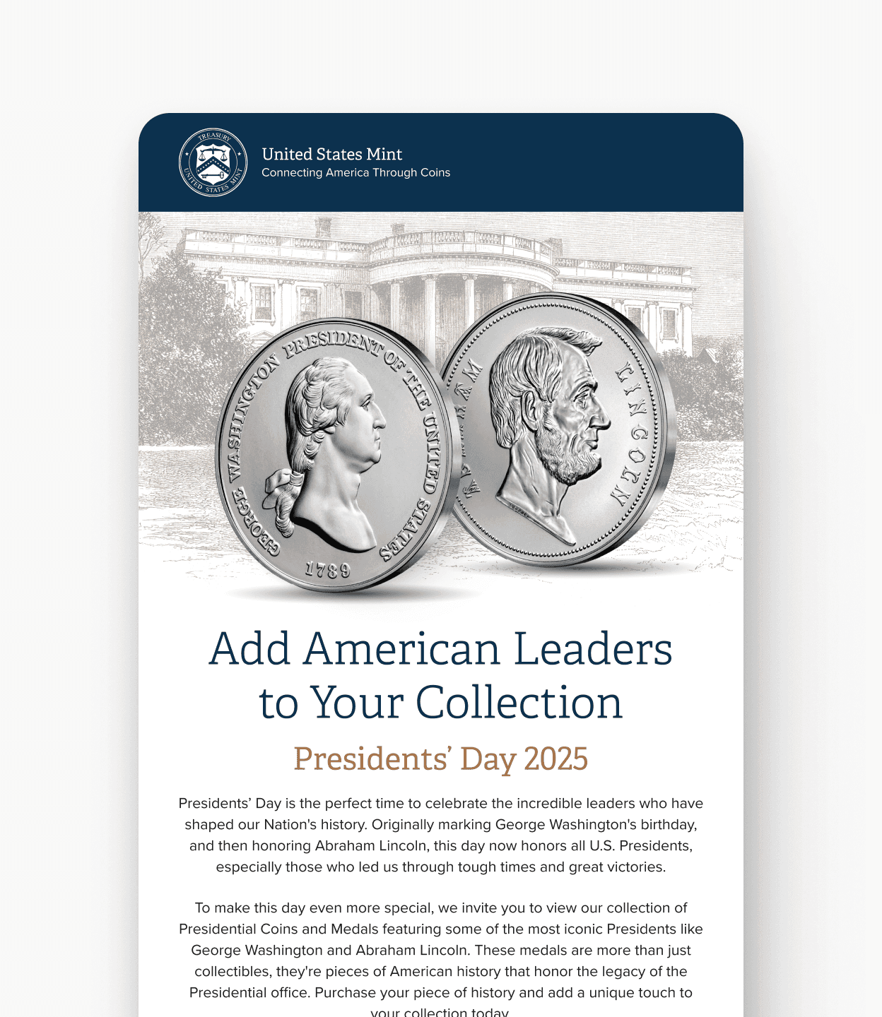 An example of a promotional email feautring Presidential Silver Medals.