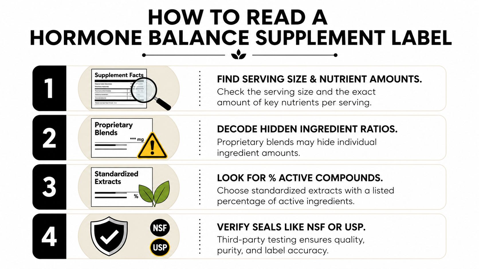 An infographic titled How to Read a Hormone Balance Supplement Label, featuring four steps for checking ingredients.