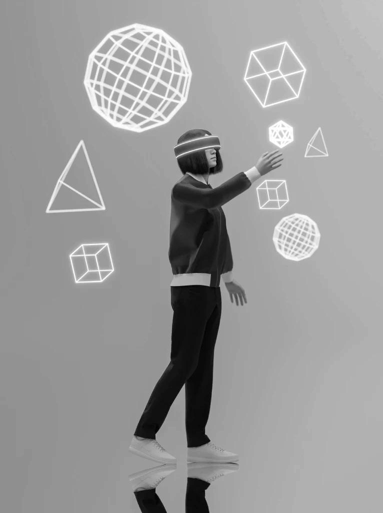 Portrait of a woman with dynamic swirling lines around her face.