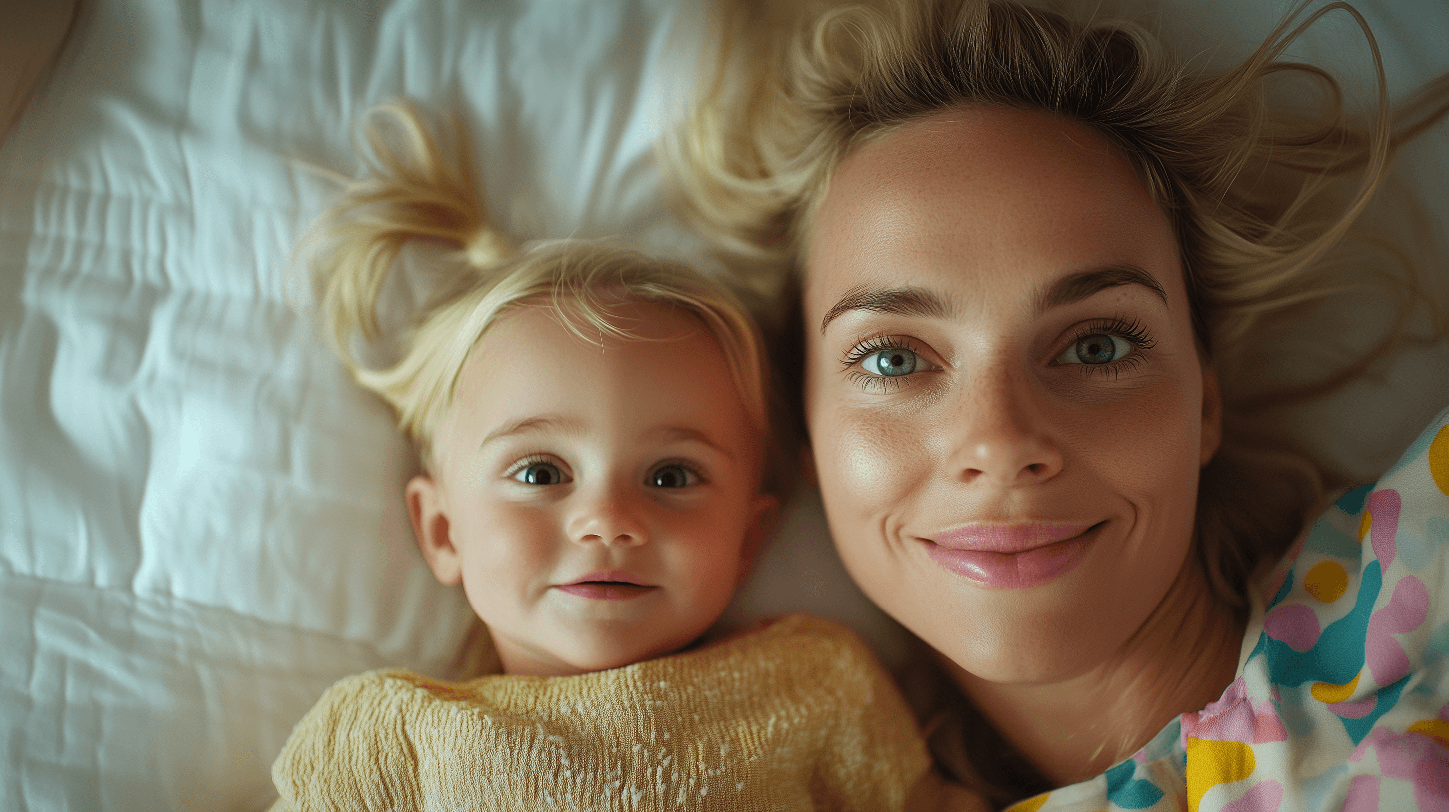 Smiling mother and curly-haired toddler in a cozy, colorful indoor setting.