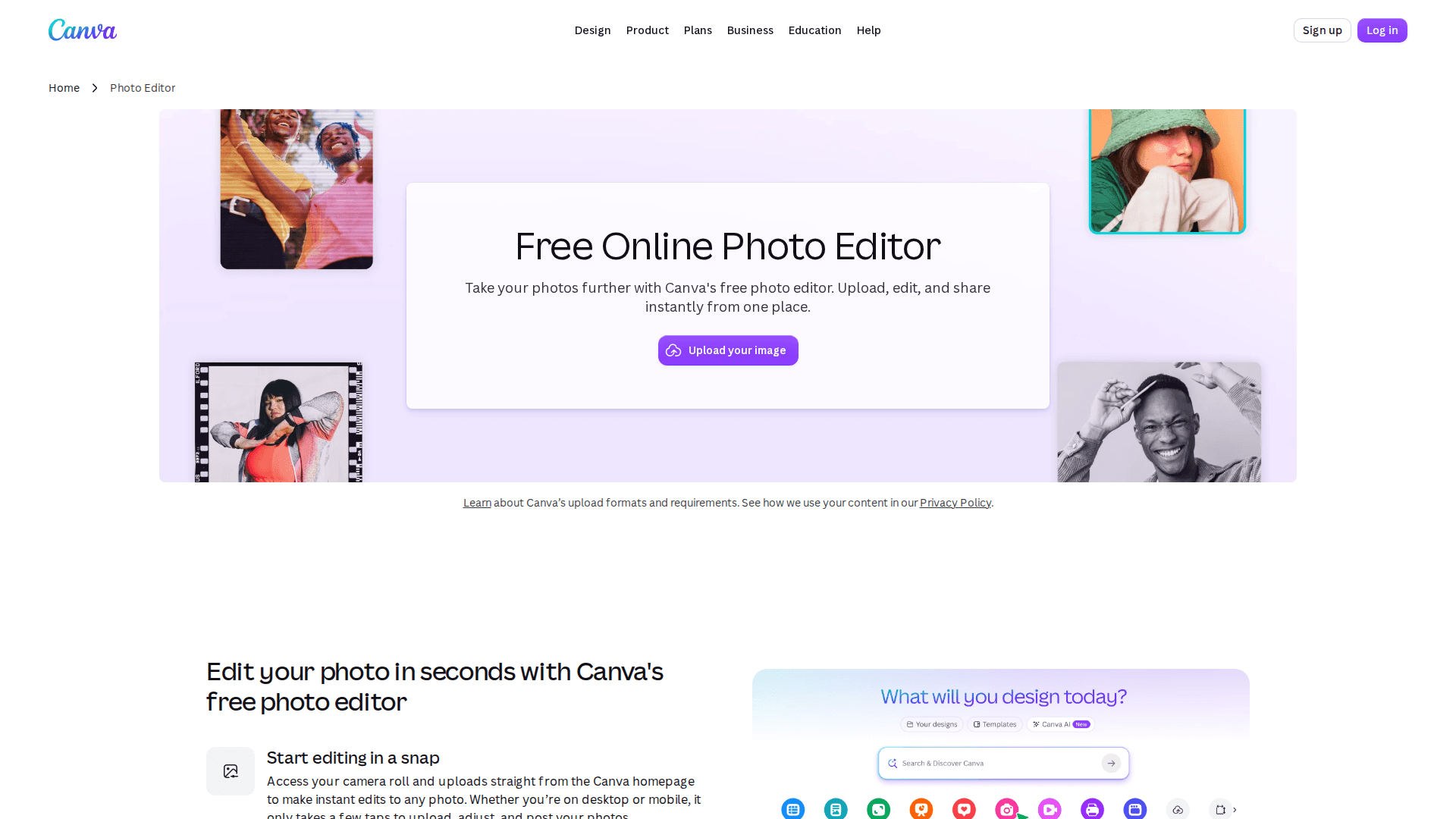 Canva's free online photo editor landing page showing upload options and sample portraits
