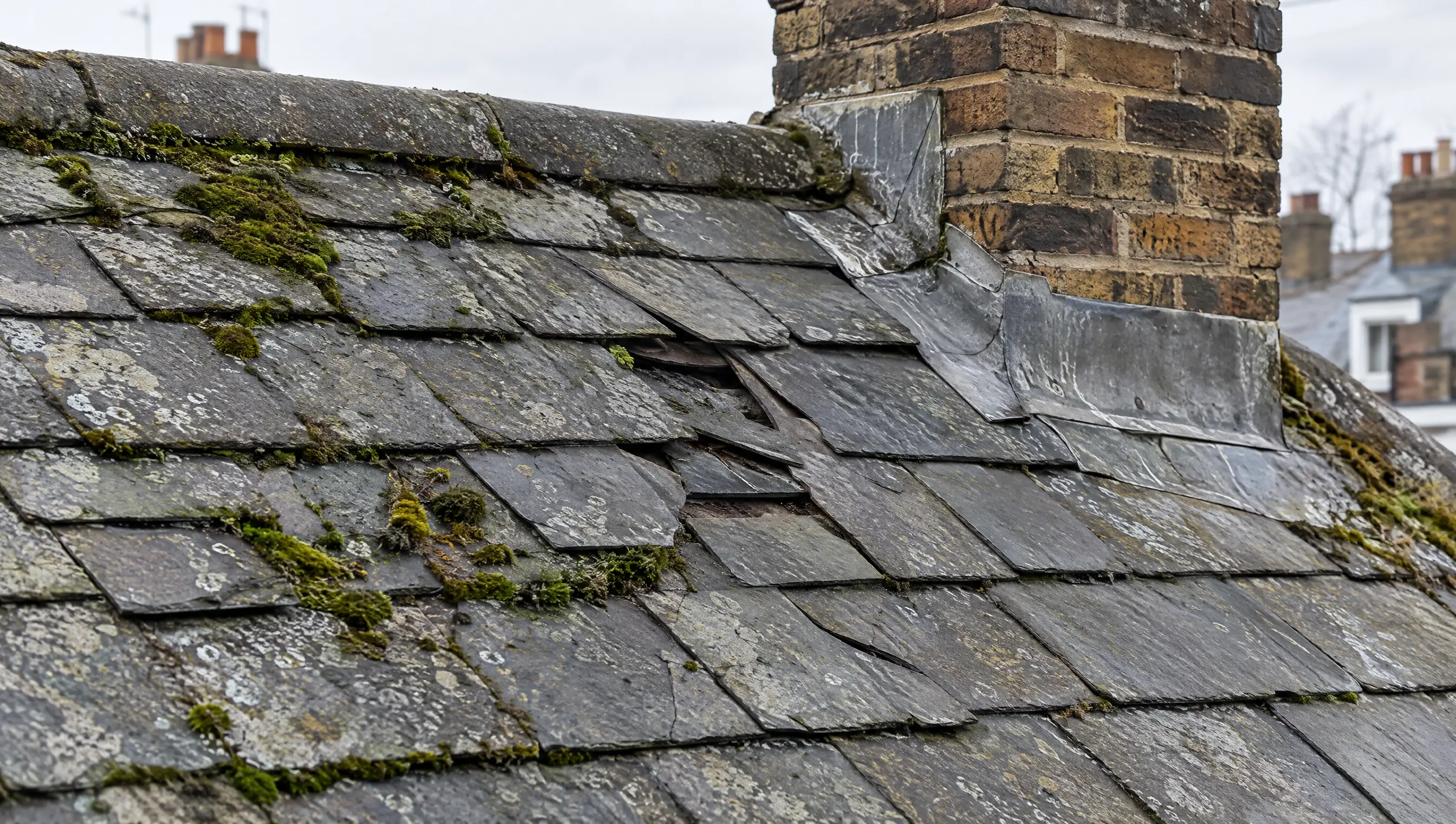 A worn slate roof with slipped and cracked slates, moss and tired chimney flashing