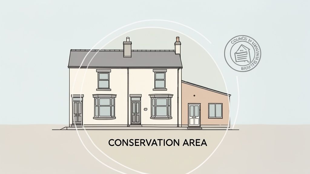 An illustration of a house with 'CONSERVATION AREA' text and a 'COUNCIL PLANNING' logo.