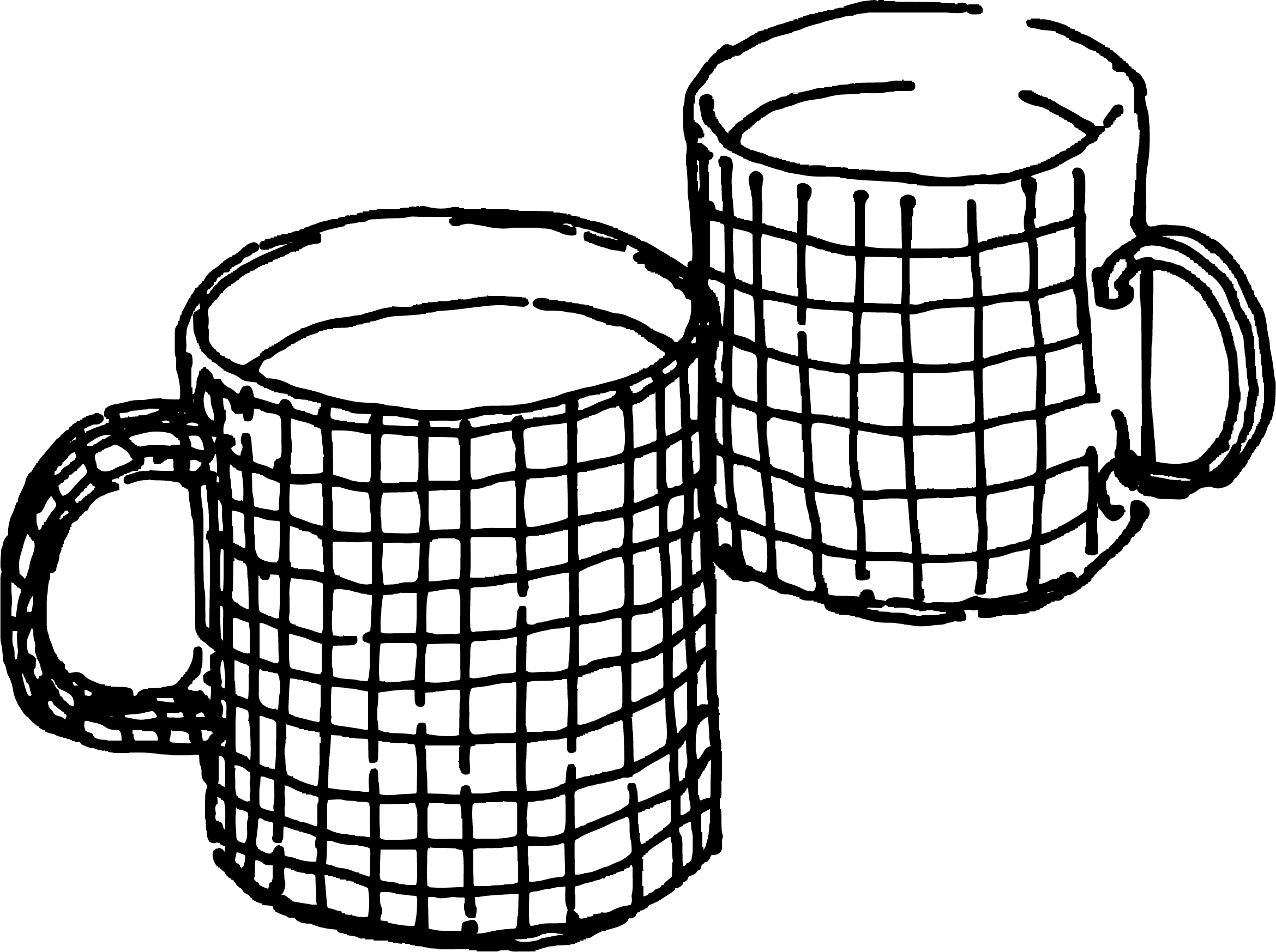 Line drawing image of two mugs with a grid pattern against a transparent background