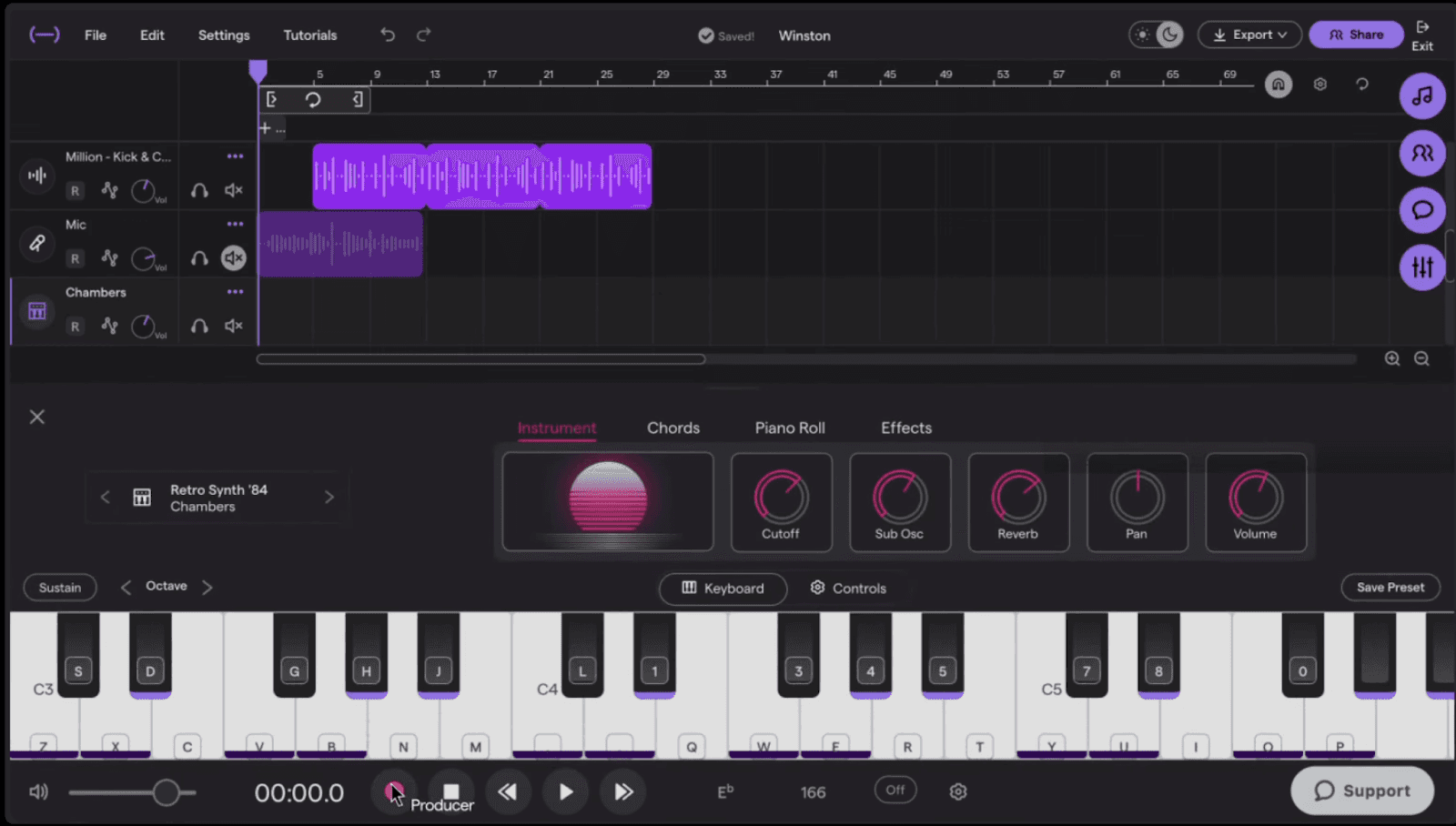 Soundtrap DAW layout