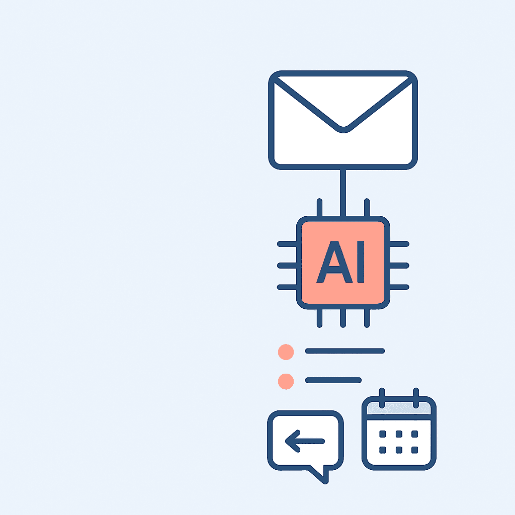 Stylised envelope, AI chip and icons illustration