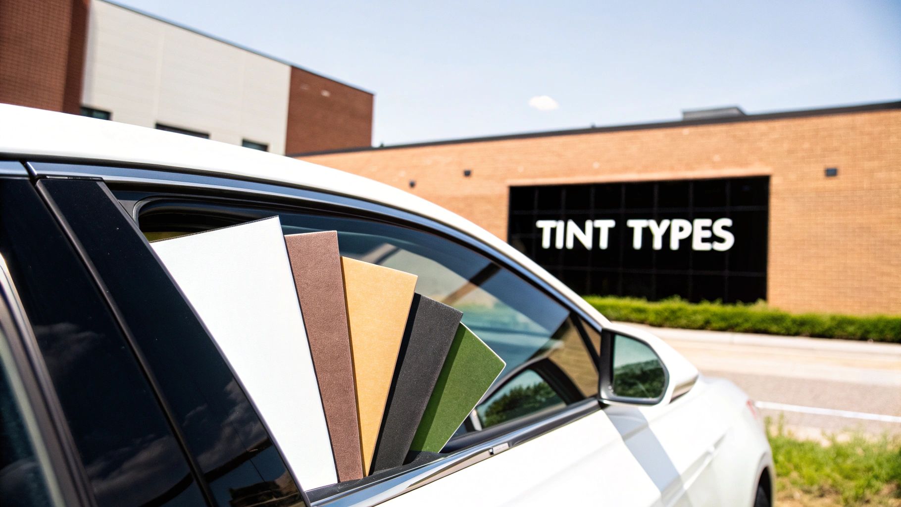 Various colored tint samples displayed in a car window with a 'TINT TYPES' sign in the background.