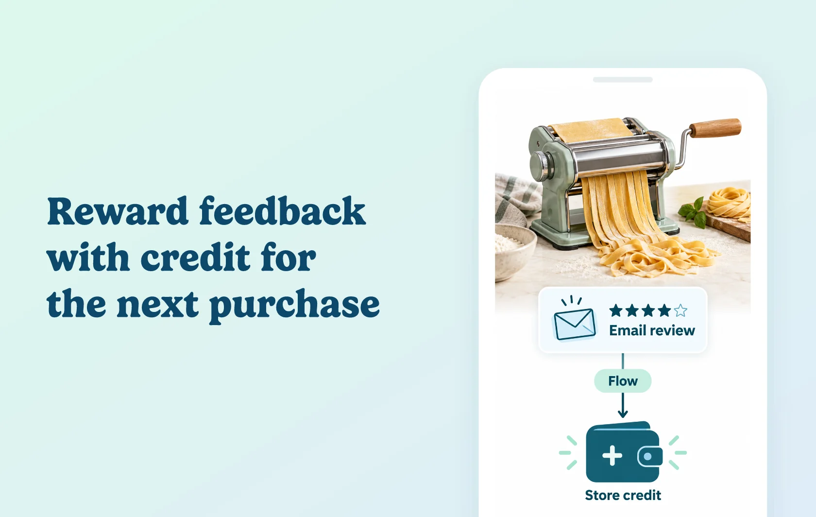 Judge.me and Koin integration: illustration of a pasta-machine email review connected through a Flow symbol to store credit inside a phone.