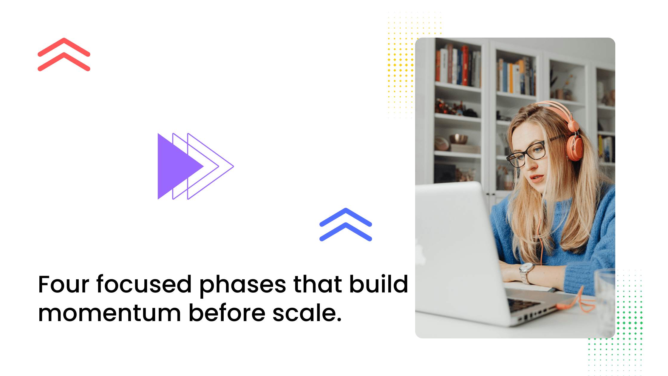 Coach working on laptop highlights four focused phases to build community momentum before scaling.
