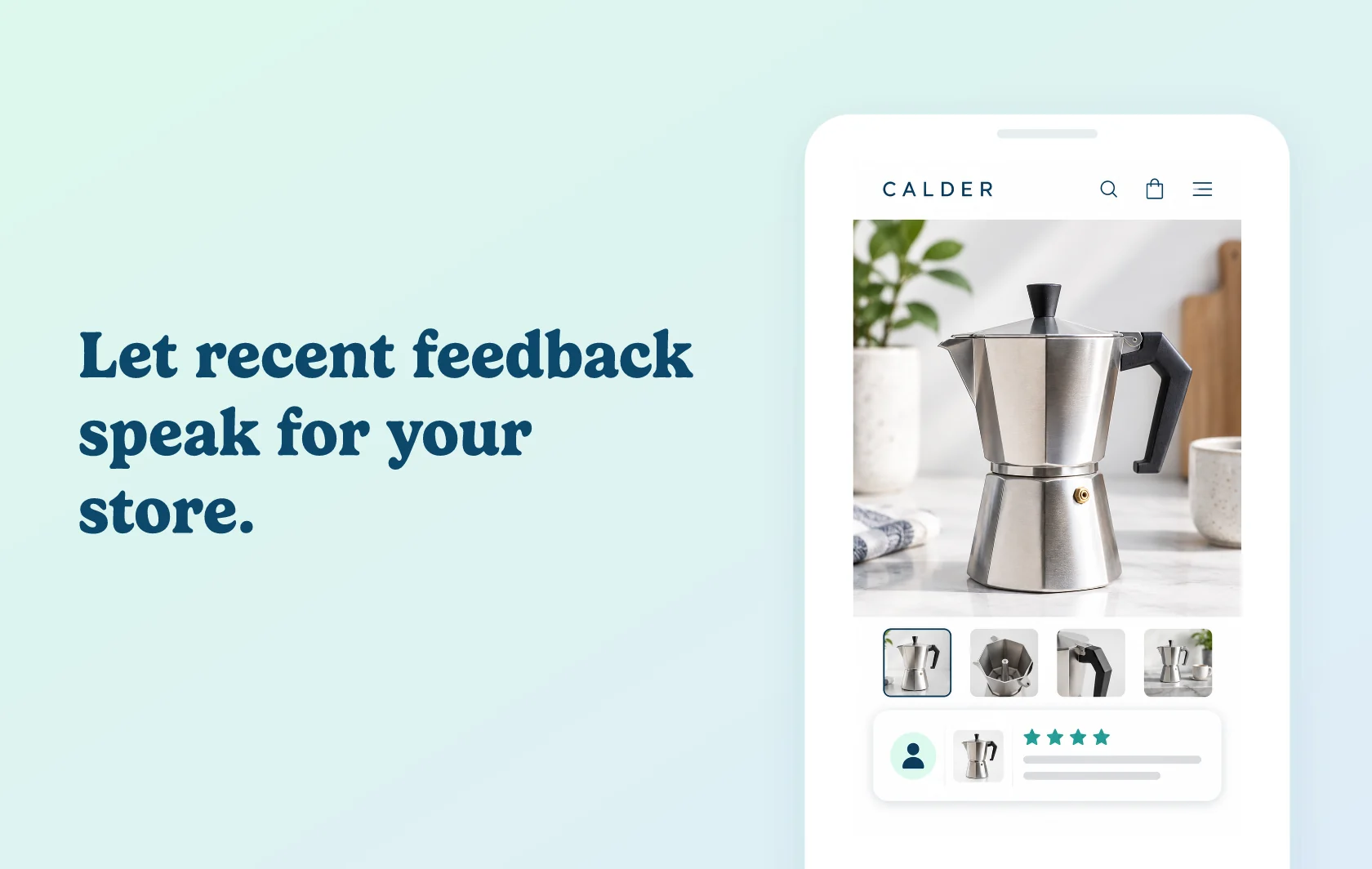 Judge.me and ToastiBar integration: illustration of a coffee-maker storefront with a recent customer review notification.