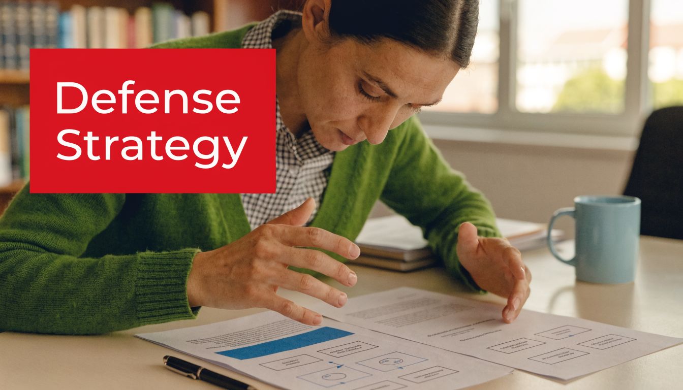 A professional analyzing legal documents for a defense strategy in a well-lit office setting.