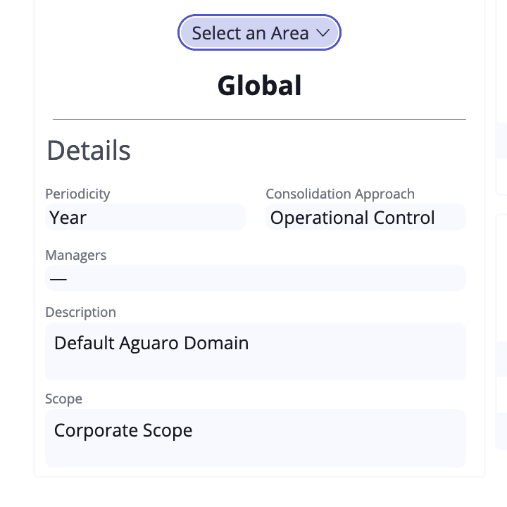 Screenshot of the Area Management selection interface in the Aguaro platform. The selected area is “Global,” with details including periodicity set to “Year,” consolidation approach as “Operational Control,” and scope as “Corporate Scope.” Fields for manager and description are also displayed.