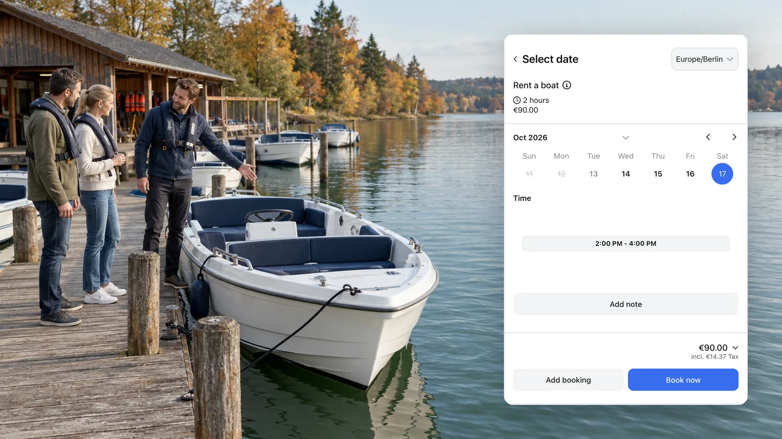 Real anny booking for Boat 1 on October 17, 2026, from 2 to 4 PM for €90 per boat