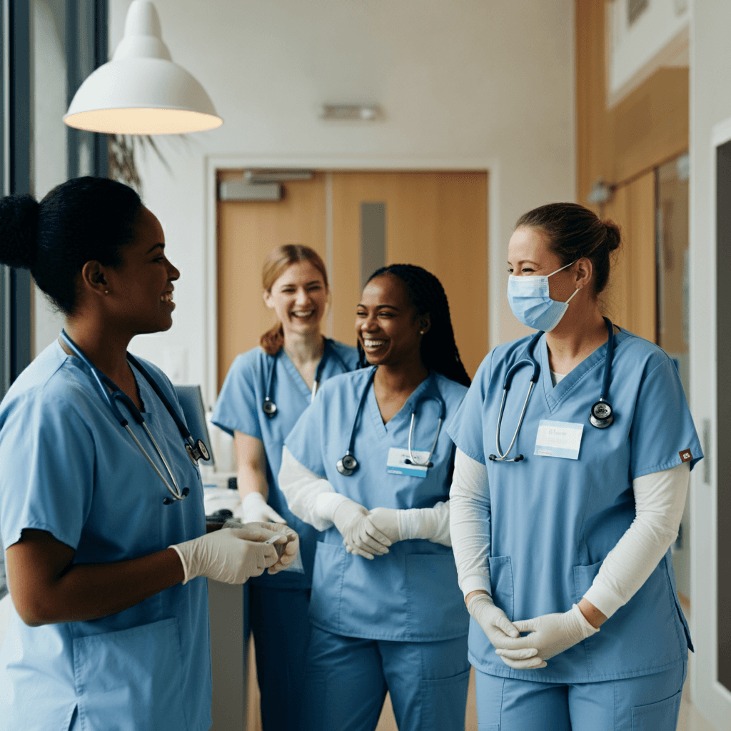 A group of nurses having a conversation and laughing