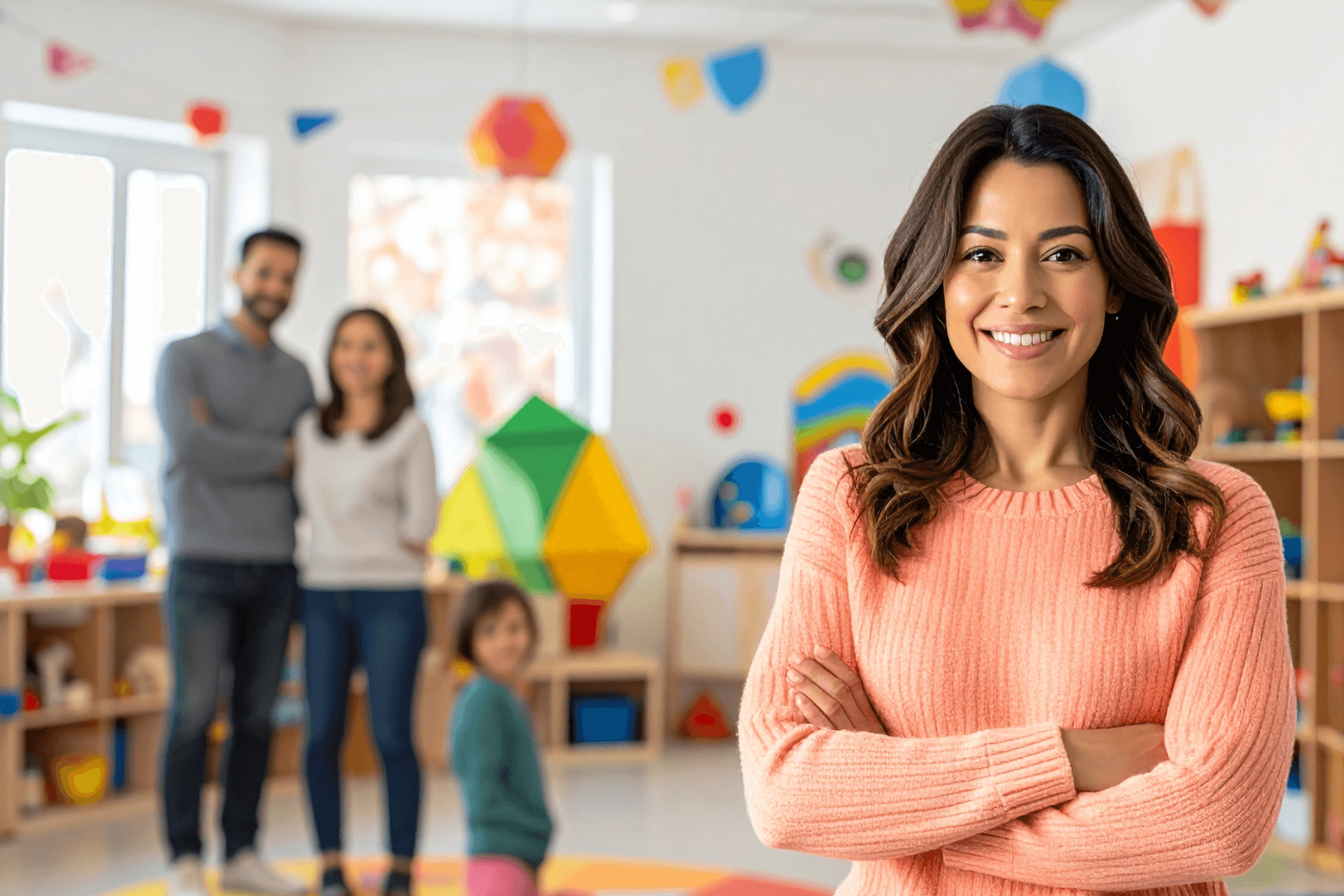 Two diverse teachers smiling together, reinforcing Kina’s mission to **reward families and retain top teachers