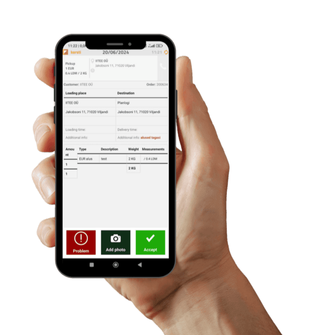 Planlogi driver app on a smartphone showing an electronic proof of delivery with problem, photo and accept buttons