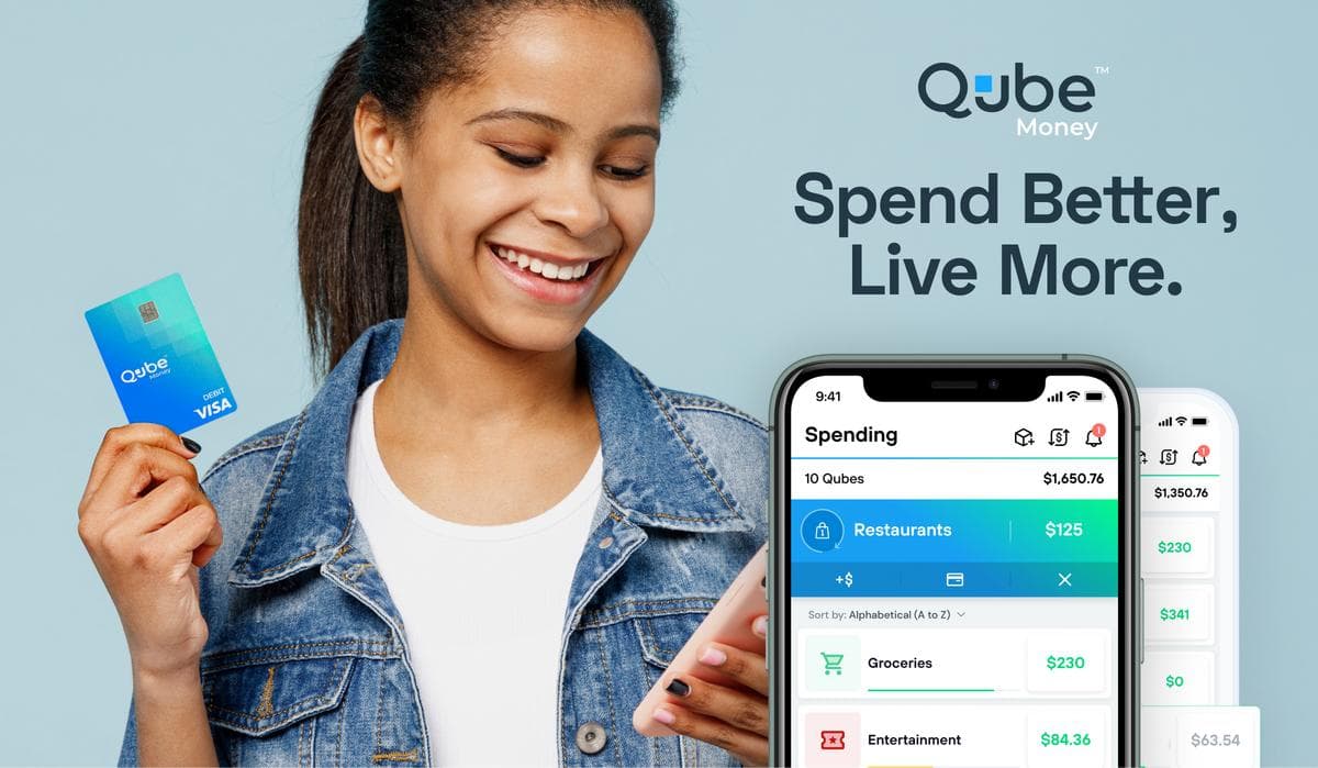 Qube Money promotional image showing a woman holding a Qube debit card beside app screenshots and the text Spend Better, Live More.