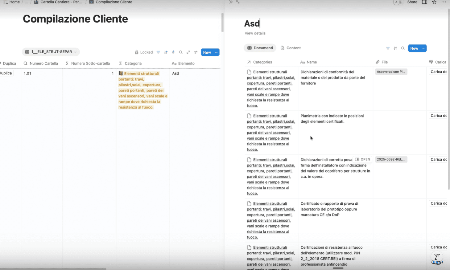 Vista dei documenti collegati al database cantieri