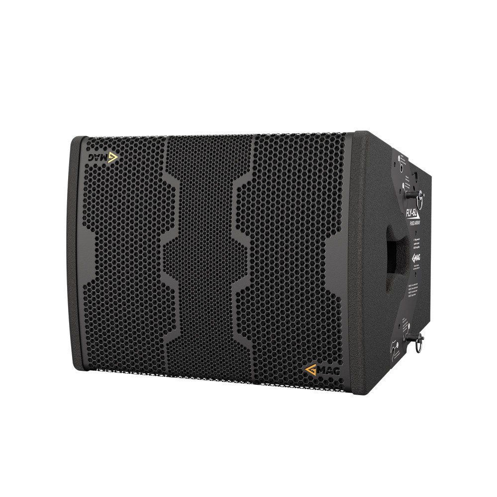 Black MAG FLX-6L line array speaker with honeycomb grille.