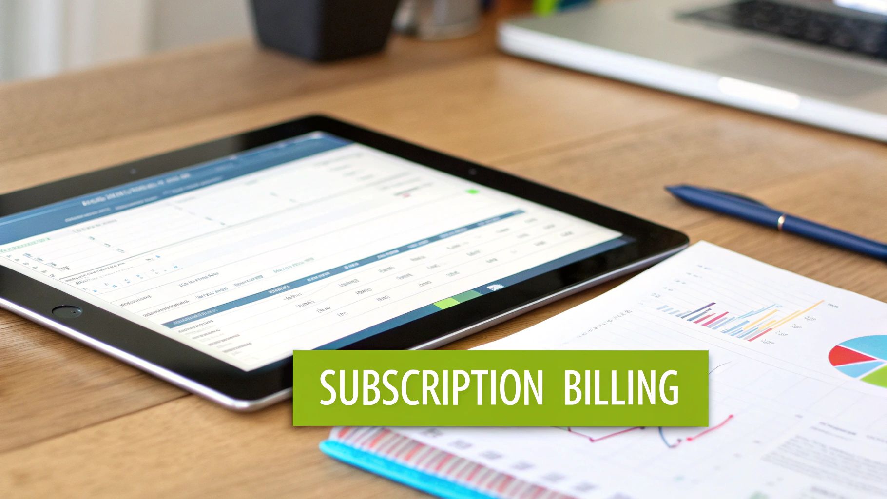 A tablet displaying data, graphs on paper, and a pen on a wooden desk, with 'Subscription Billing' overlay.