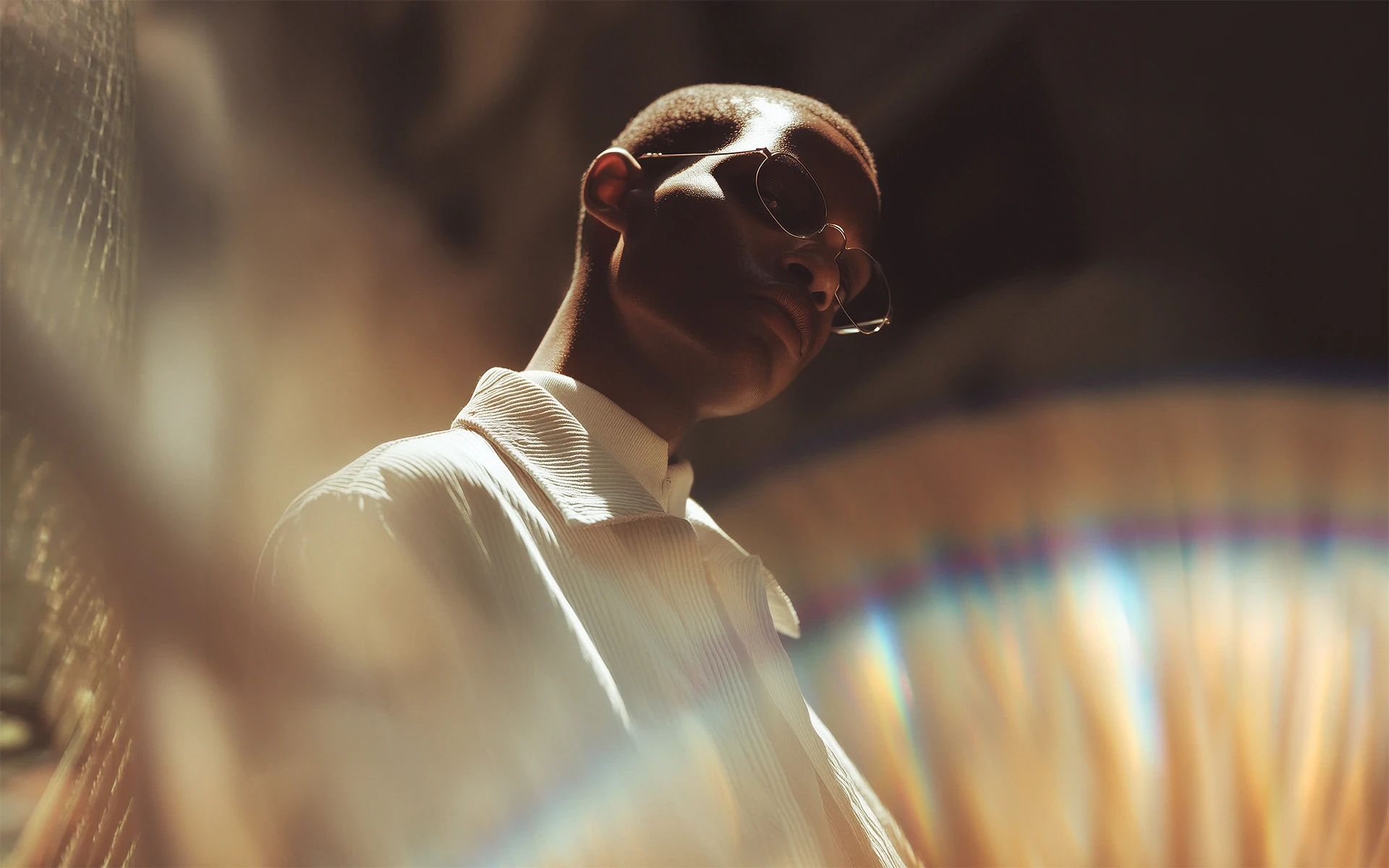 Stylish portrait of a person in sunglasses with warm lighting and artistic lens flares.