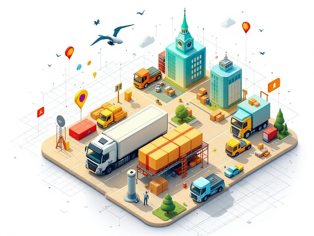 Isometric illustration of a city with trucks delivering packages