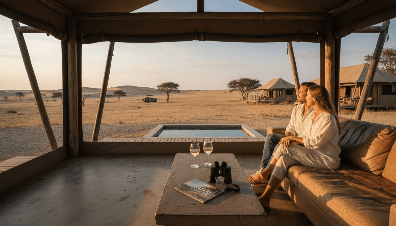 Couple relaxing in safari lodge interior