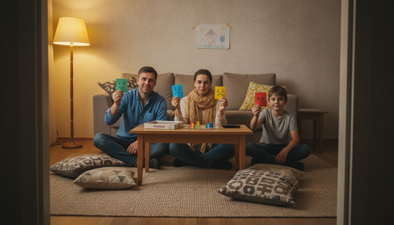 Family holding emotion cards in living room