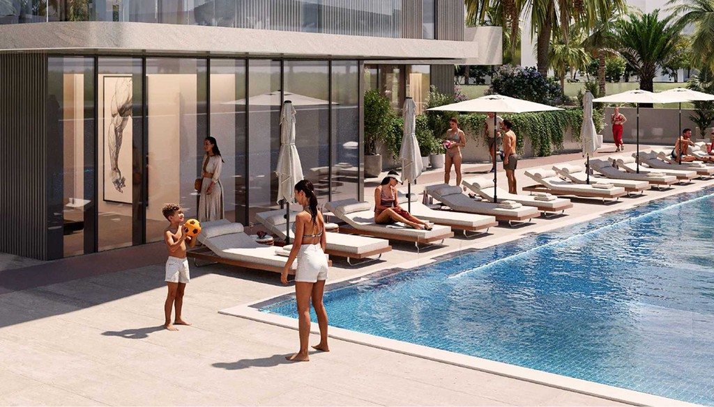 Helvetia Verde tower stands tall at Dubai marina, reflecting contemporary style and waterfront beauty.