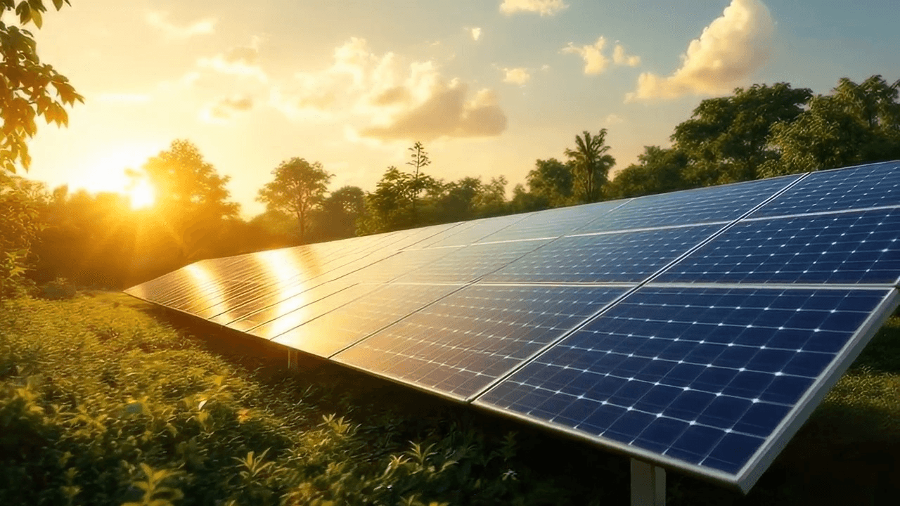 Image of solar panels at sunrise in a green landscape - Sturlite AI video.