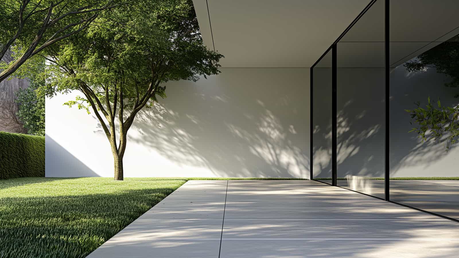 Modern backyard with patio and lawn, minimal outdoor design, landscaping inspiration