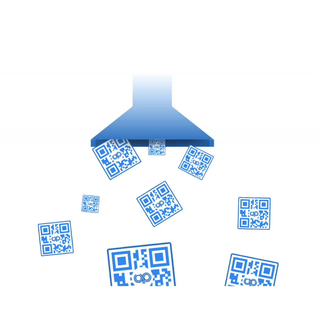 An upside-down blue funnel graphic generating and distributing multiple custom scannable QR codes.