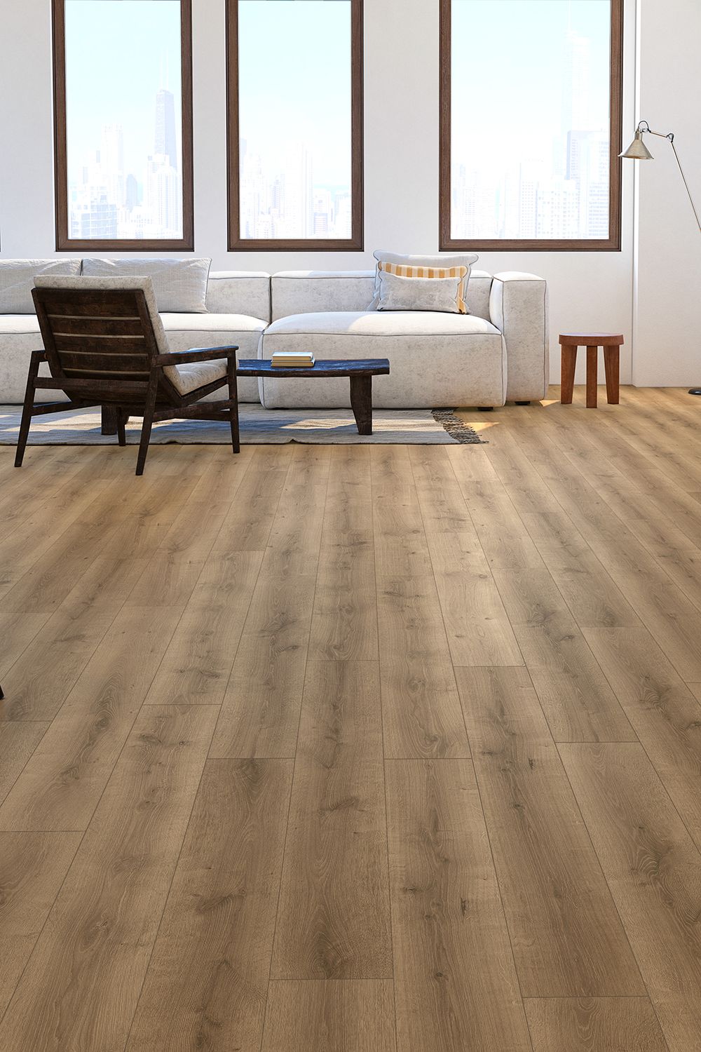 香港現代客廳木紋塑膠地板裝修效果，展示耐用防水SPC膠地板設計，適合香港家居室內設計。