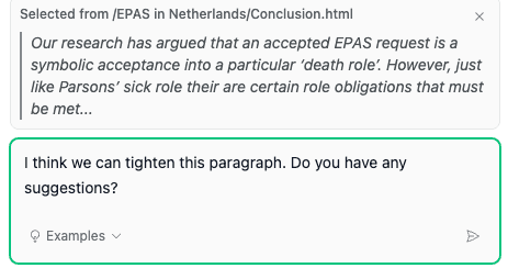 Selected manuscript paragraph added to Coauthor AI chat for revision feedback