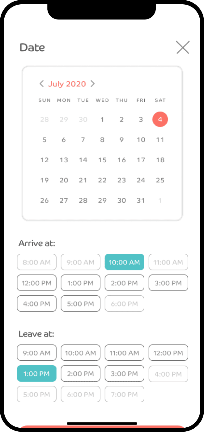 Mobile app screen design for selecting dates and times.