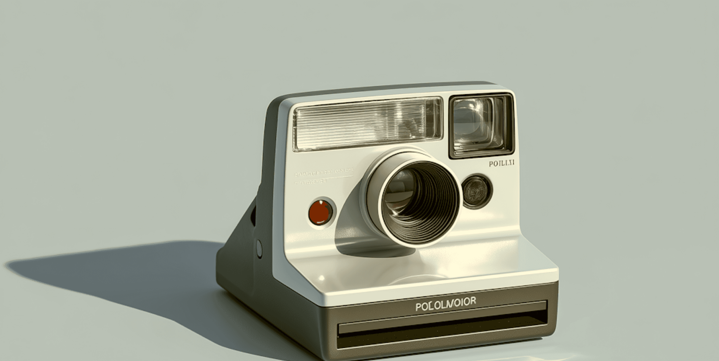 A Polaroid instant camera with a classic white design and large lens.