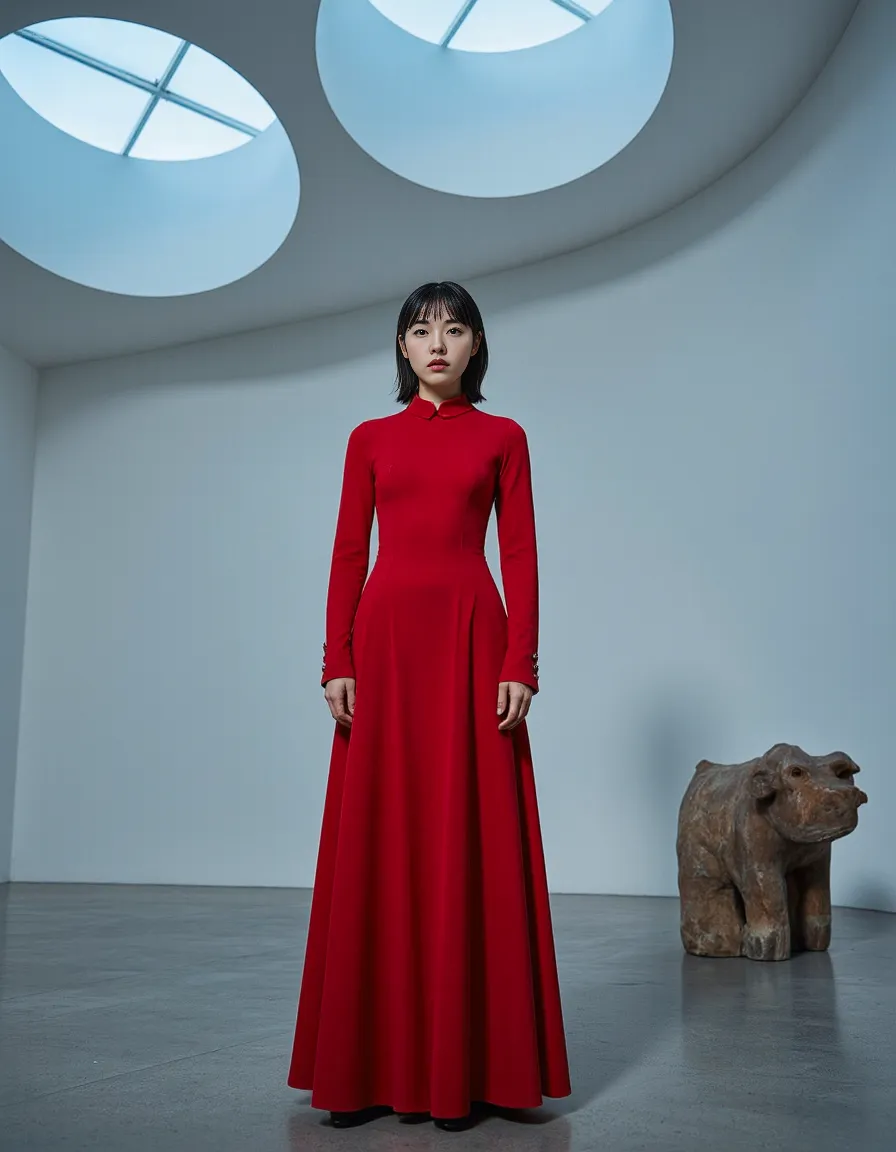Fashion editorial featuring a striking floor-length red dress in a minimalist gallery space with circular skylights and sculptural art