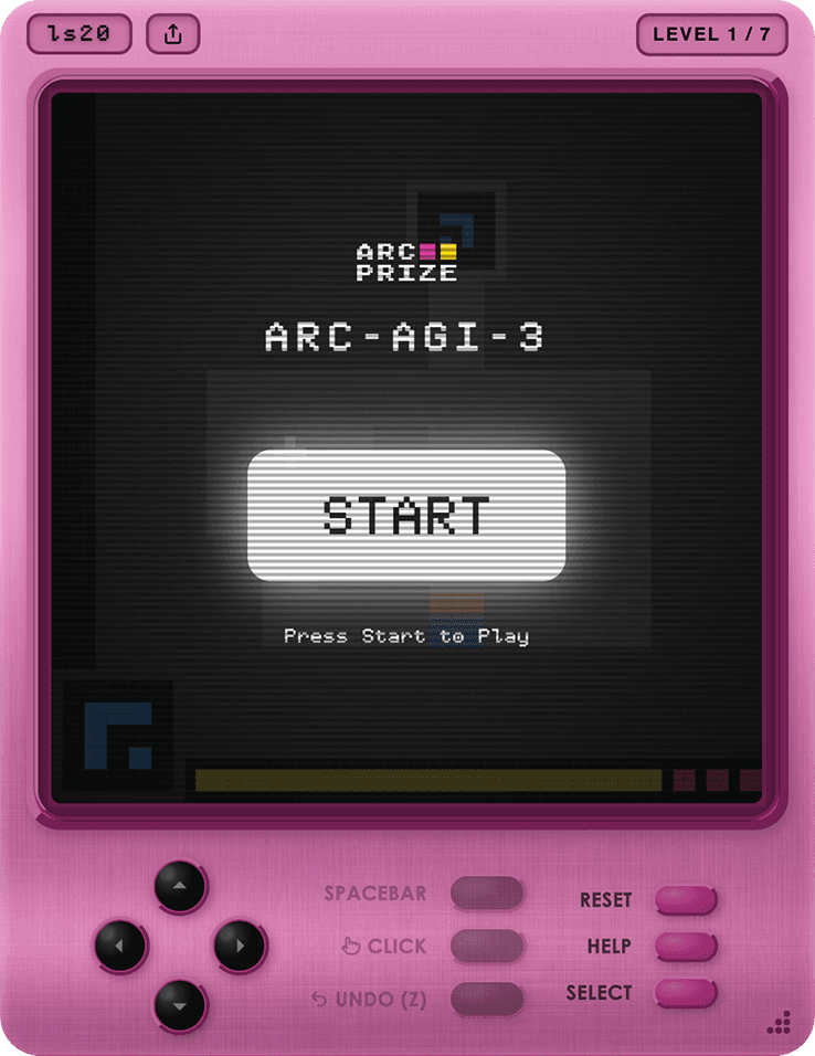 ARC-AGI-3 interactive game environment — an AI agent must explore, infer goals, and adapt strategy without any natural-language instructions