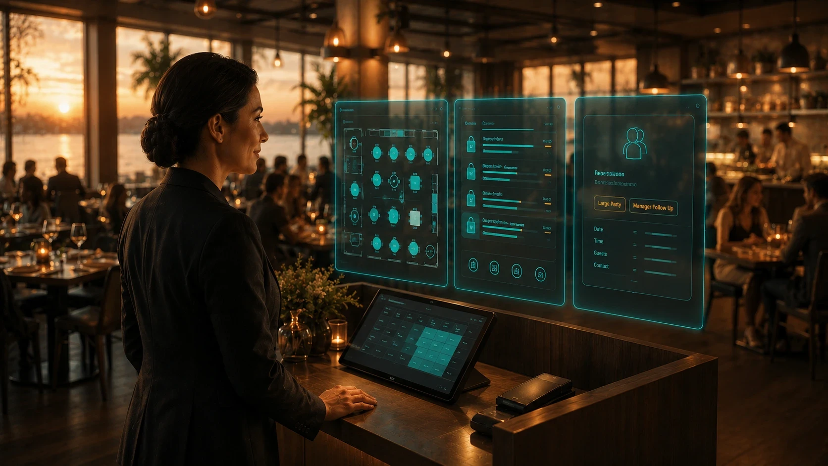 A restaurant manager stands at a modern host stand in a busy upscale restaurant, using an AI-powered reservation and guest management platform displayed as transparent holographic dashboards. The interface shows an interactive floor plan with table availability, reservation schedules, guest profiles, and follow-up tasks, while a digital reservation terminal sits on the counter. Diners enjoy their meals in the warmly lit dining room overlooking a waterfront sunset, highlighting AI-driven restaurant operations, table management, and personalized guest service.