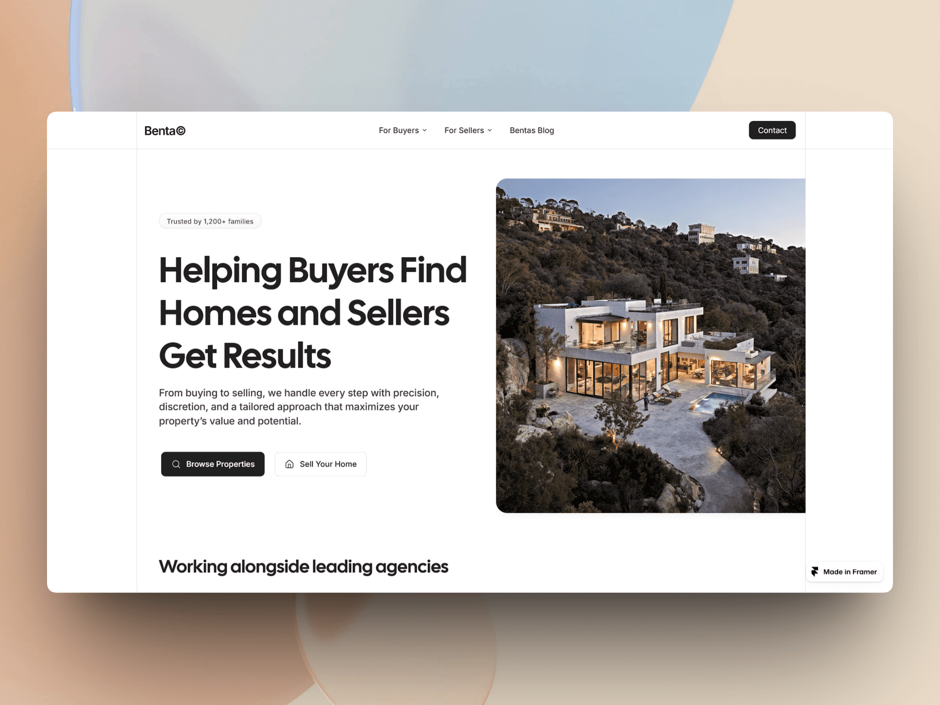 Hero section with headline text about helping buyers and sellers, next to a photo of a modern hillside luxury home at sunset.